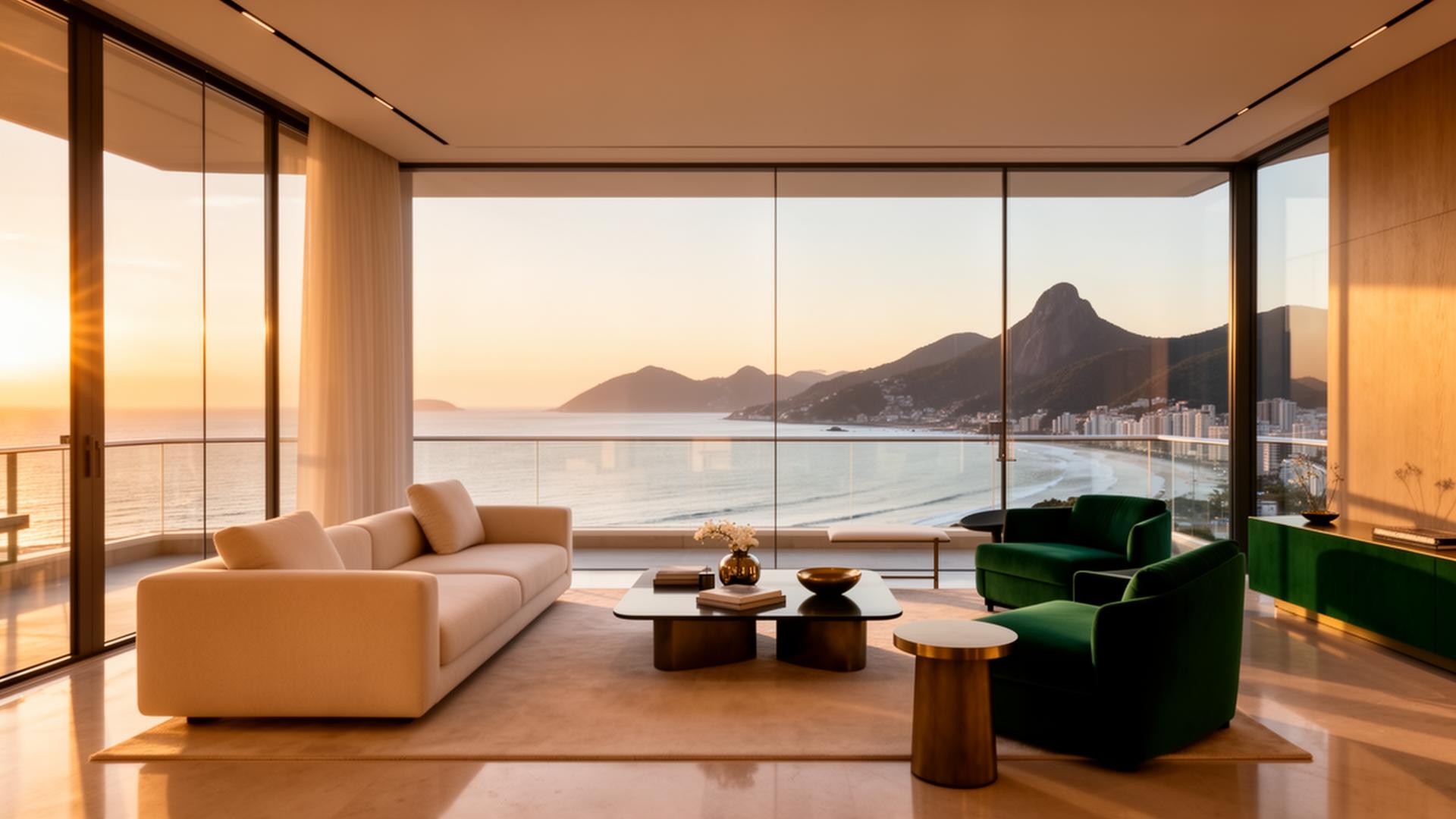 Sala estar de cobertura sofisticada na Grande Vitória com vista para o mar